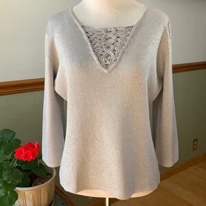 Joseph A. Silver metallic stretch 3/4 sleeve top Large